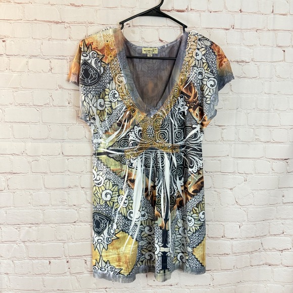 One World Embellished Tunic Top Graphic‎ Print V Neck Short Sleeve M - Picture 1 of 5